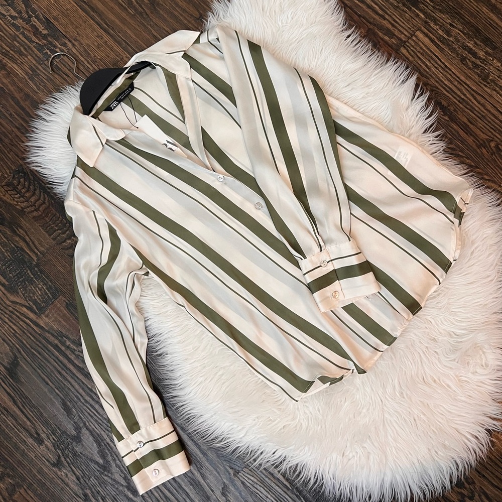 Zara Green and Cream Striped Silk Button-Down Shirt